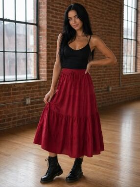 EUC Vintage Y2K Jackpot OSFM Red Tiered Ruffled Cotton Midi Boho Peasant Skirt!!